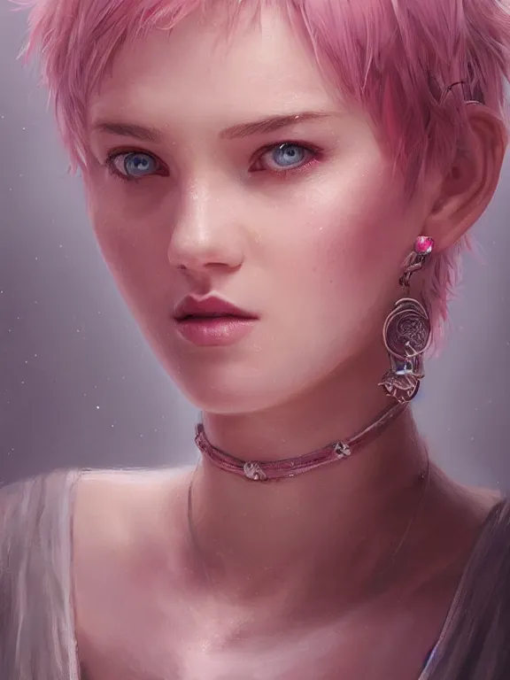 Image similar to beautiful russian girl with short pink hair and nose piercing, pink eye liner, thin round earrings, winds of winter, au naturel, hyper detailed, digital art, trending in artstation, cinematic lighting, studio quality, smooth render, octane rendered, concept art, sharp focus, illustration, art by artgerm and greg rutkowski and wlop