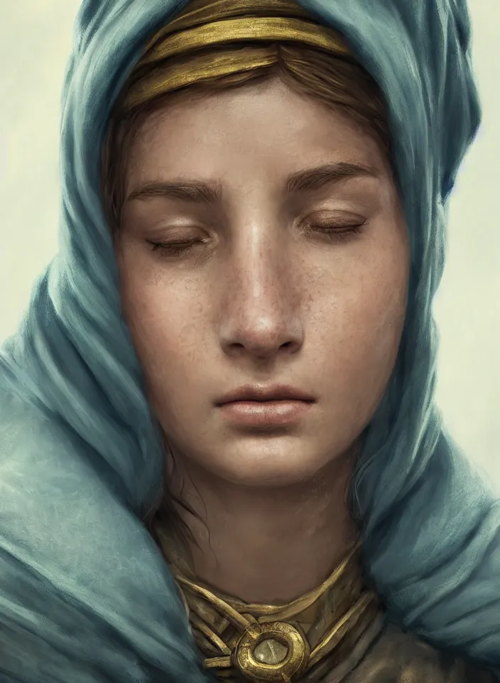 Image similar to a face portrait of a beautiful girl as a merchant from skyrim, fantasy setting, beautiful face, serene colors, soft lighting, atmospheric, cinematic, moody, in the style of diego koi, gina heyer, luiz escanuela, art by alyssa monk, hyperrealism, rule of thirds, golden ratio, oil on canvas, 8 k