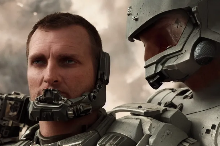 Prompt: VFX movie of a futuristic spacemarine closeup portrait shooting the enemy in war zone, beautiful natural skin natural lighting by Emmanuel Lubezki
