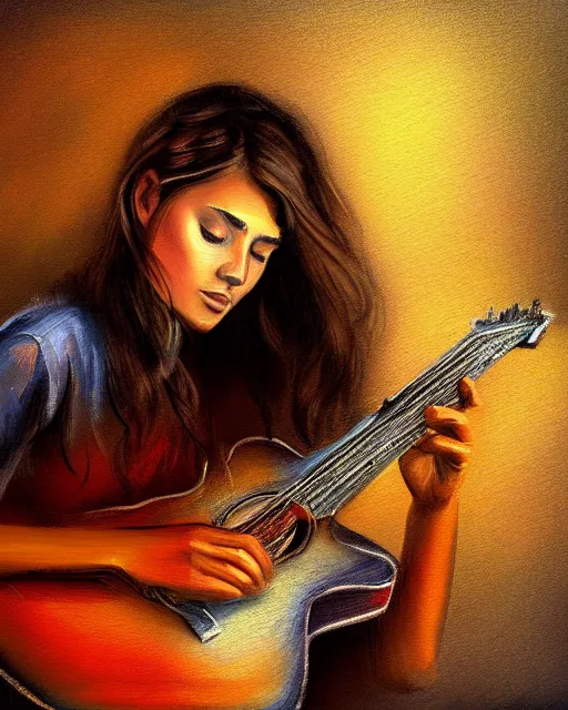 Prompt: a painting of a young country woman playing a guitar in the texas hill - country, in the style of casey baugh, digital art