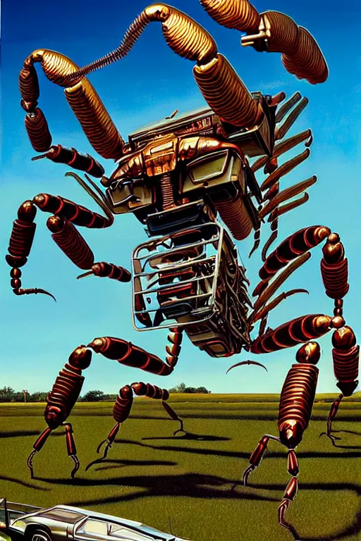 Image similar to a hyperrealistic painting of a giant metallic mechanical scorpion monster in a suburban neighborhood on a sunny day, by chris cunningham and richard corben, highly detailed, vivid color,