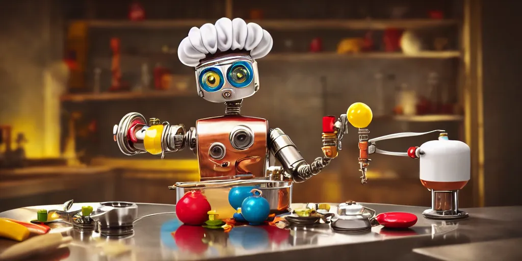 Image similar to closeup portrait of tin toy retro robot chef mixing colourful lab vials cooking pastry in a kitchen, depth of field, zeiss lens, detailed, centered, fashion photoshoot, by nicoletta ceccoli, mark ryden, lostfish, breathtaking, 8 k resolution, extremely detailed, beautiful, establishing shot, artistic, hyperrealistic, octane render