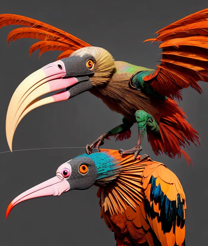Prompt: a high resolution realistic photo portrait of a birdlike sculpture creature made of birds merged, creature wrinkles pheasant, feathers exotic morphing hoopoe, morphing wings king vulture head, global illumination, refraction, displacement map, bump map, normal map