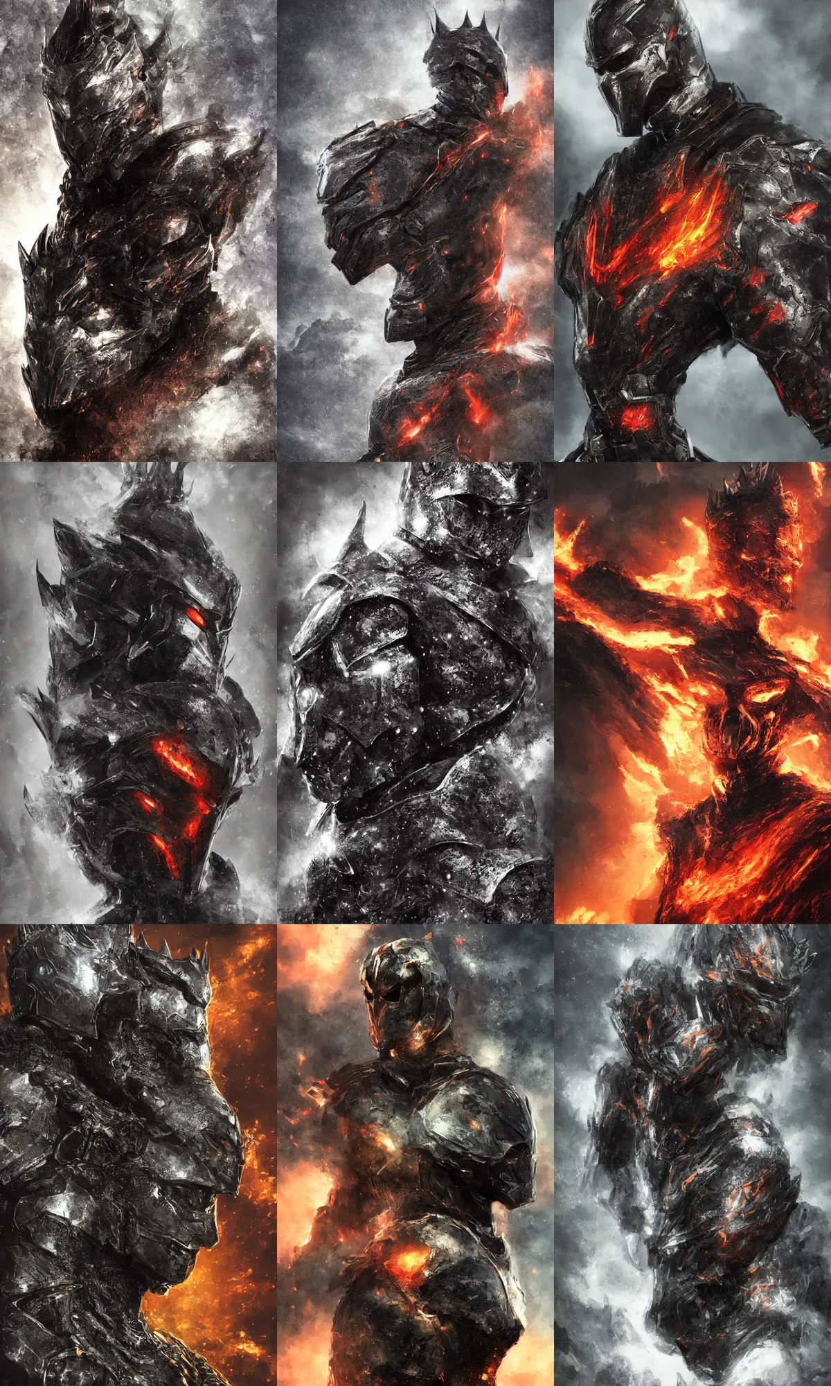 Prompt: portrait photo of a king, knight, king of the mountains, photorealistic, dark warrior, crown of fire, black iron suit of armour, lava, medieval style, fantasy, trending on artstation, artstationHD, digital art, character design, volumetric lighting, dramatic scenery, 8k