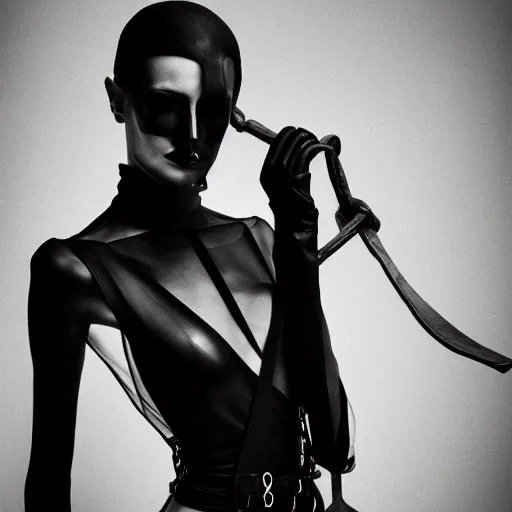 Image similar to fashion photography of an extraterrestrial model, holding a leather whip, wearing demobaza fashion, inside berghain, berlin fashion, harness, futuristic fashion, dark minimal outfit, photo 3 5 mm leica, hyperdetail, berghain, total black outfit, stone table, minimalism, 8 k, very detailed, photo by nick knight