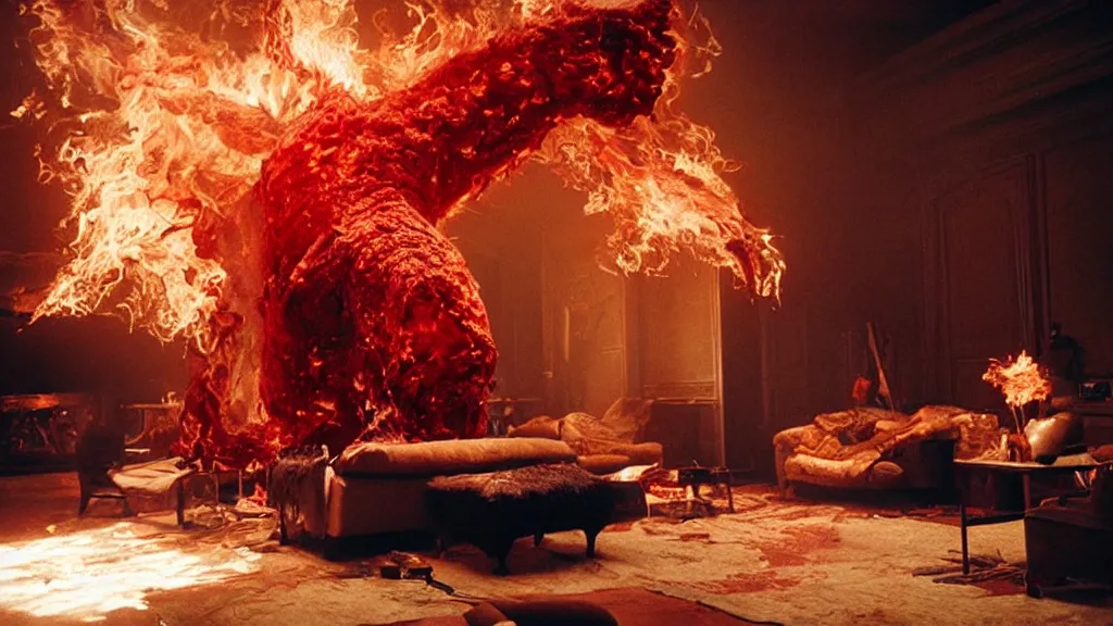 Image similar to a giant hand made of blood and fire floats through the living room, film still from the movie directed by Denis Villeneuve with art direction by Salvador Dalí, wide lens