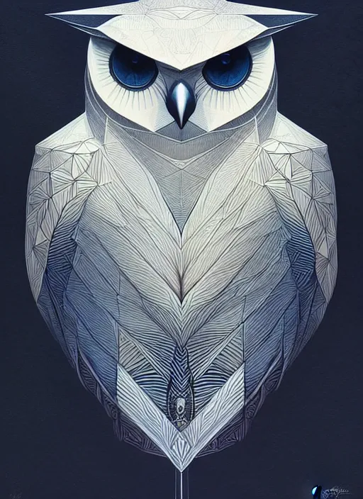 Image similar to portrait of a geometric owl, identical eyes, medium shot, illustration, full body made of white feathers, symmetrical, art stand, super detailed, cinematic lighting, and its detailed and intricate, gorgeous, by peter mohrbacher