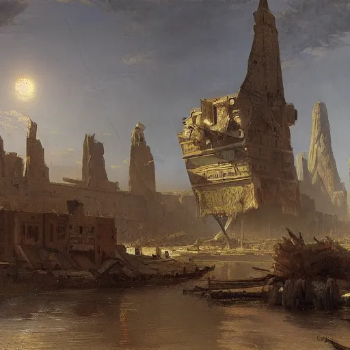 Prompt: painting of a scifi ancient civilzation, brutalist architecture, andreas achenbach