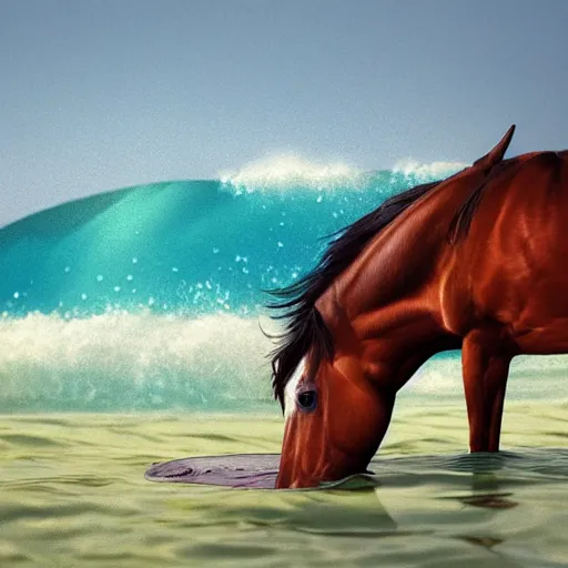 Image similar to horse swimming in the ocean with fork and knife, photorealistic, high detail