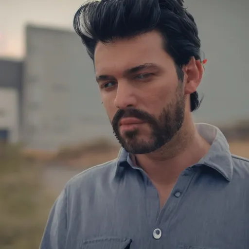 Prompt: a guy in a grey shirt and blue jeans with black hair and no facial hair looking in the distance to see a factory ( high detailed, greatly illustrated, good quality photo shot, amazed details and uhd cinematic movie shot )