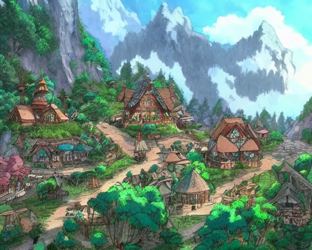 Image similar to mountain overseeing fantasy village next to a forest, studio ghibli style, hayao miyazaki, award winning photograph, highly detailed, artstation, hd wallpaper