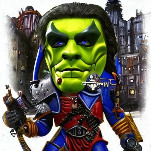 Image similar to jim carey as the mask in the warhammer 4 0 k universe world, digital art, 4 k, very detailed