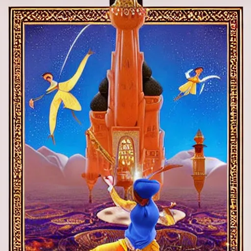 Image similar to hyper realistic aladdin flying into the twin towers on his carpet, award winning,