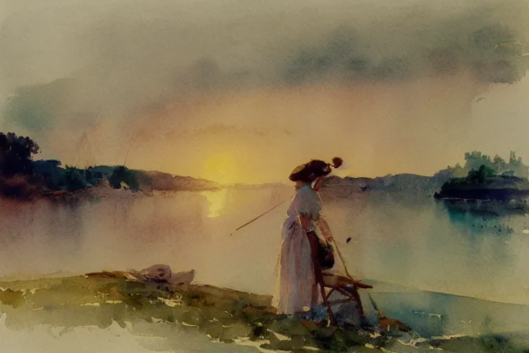 Image similar to abstract watercolor painting of first summer day, midsummer scandinavia, cinematic light, national romanticism by anders zorn