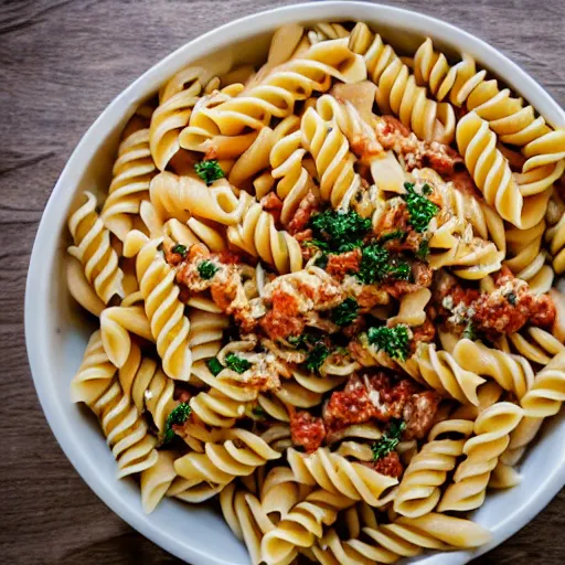 Image similar to a bowl of pasta on a picnic table