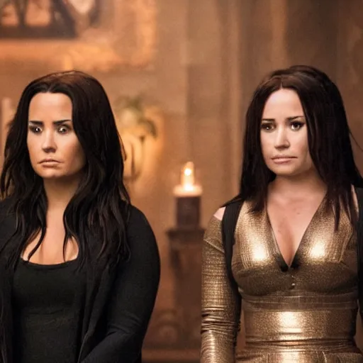 Image similar to close-up of Demi Lovato as Piper Halliwell, Selena Gomez as Phoebe Halliwell and Ariana Grande as Prue Halliwell in a Charmed movie directed by Christopher Nolan, movie still frame, promotional image, imax 35 mm footage