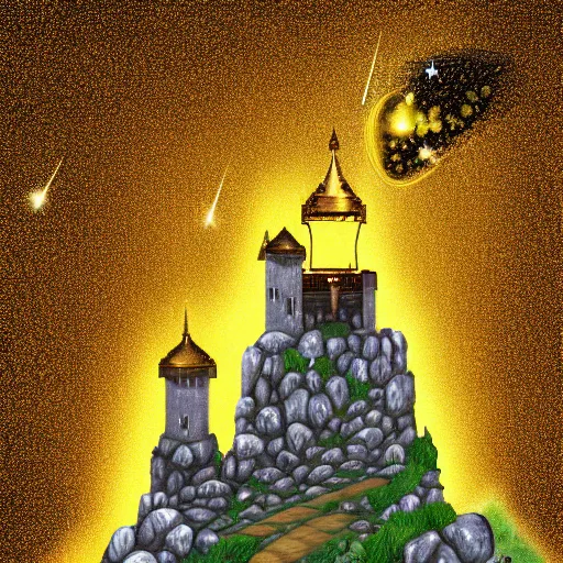 Image similar to stone castle with golden bell ontop of a mountain, space sky, anime illustration,