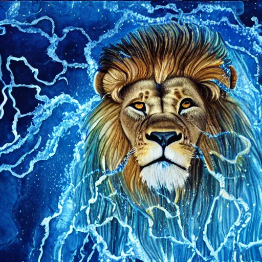 Image similar to a male lion's face breaching through a wall of water, water sprites, splashing, deep blue water color, highly detailed