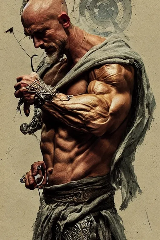 Image similar to bodybuilder, sorcerer, lord of the rings, tattoo, decorated ornaments by carl spitzweg, ismail inceoglu, vdragan bibin, hans thoma, greg rutkowski, alexandros pyromallis, perfect face, fine details, realistic shaded