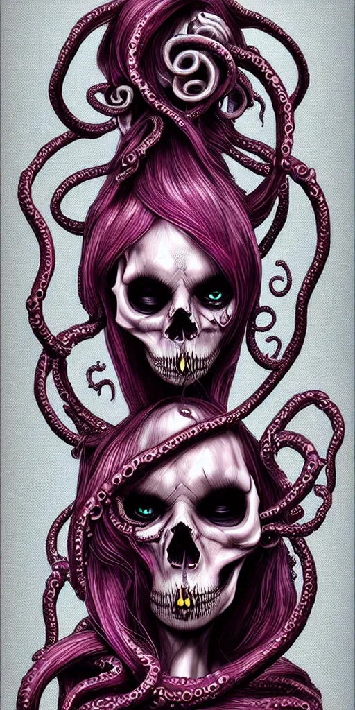 Image similar to a woman skull of death with hair in tentacle, her eyes are lenses by Moebius, chromatic aberration, hyper detailled, trending on artstation