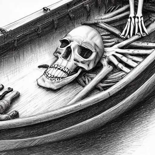 Image similar to close up of skeletons in a boat on a river catching skeleton fish, pencil sketch, realistic shaded, fine details, realistic shaded lighting poster by greg rutkowski