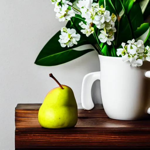 Image similar to bright white room showcasing ceramic mug surrounded by white flowers, green leaves, and pears, soft zen minimalist, white background, bright, crisp