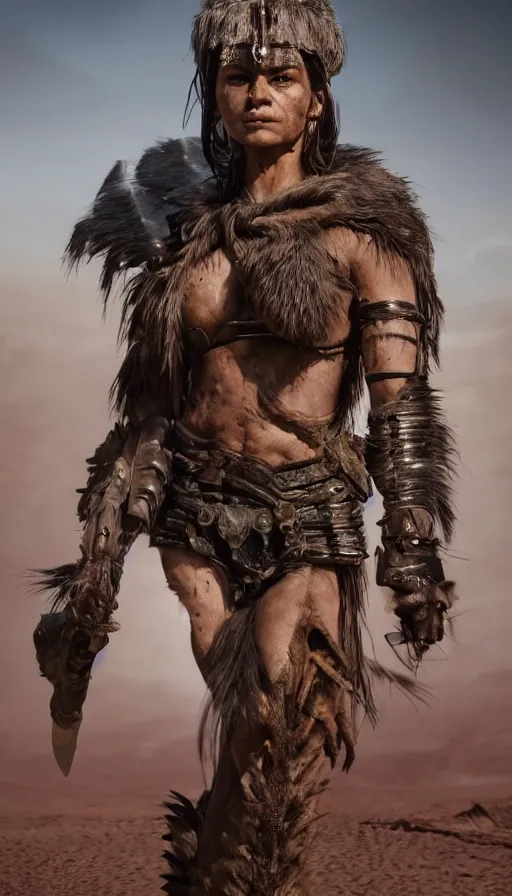 Image similar to solo ancient tribewoman standing against army, partially destroyed armor inspired monster hunter, low shot camera, muscular, symmetrical face, clean face, subtle make up, dramatic lighting, cinematic, establishing shot, extremely high detail, photorealistic, 300 the movie,monster hunter the movie, dune the movie, cinematic lighting, artstation, octane render, western,old photo, vintage, dust and destruction happening around her, freeze time