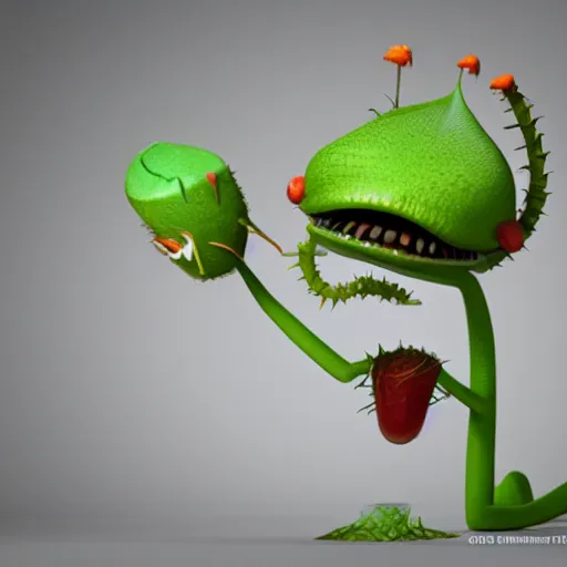 Image similar to anthropomorphic cute venus fly trap plant 3d pixar render character concept art