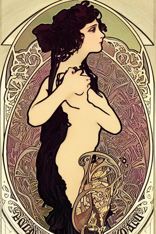 Prompt: a cute goth girl by Alphonse Mucha, art nouveau, card, 8k