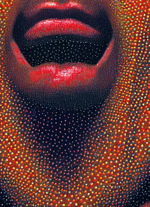 Prompt: a beautiful detailed pointillism art illustration of a girl in the face biting her lip, centered, by chuck close and rostislaw tsarenko, trending on artstation, vivid colors, dim dusk lighting, cinematic lighting, detailed lighting, volumetric lighting, realistic, f 8, 4 k hd wallpaper