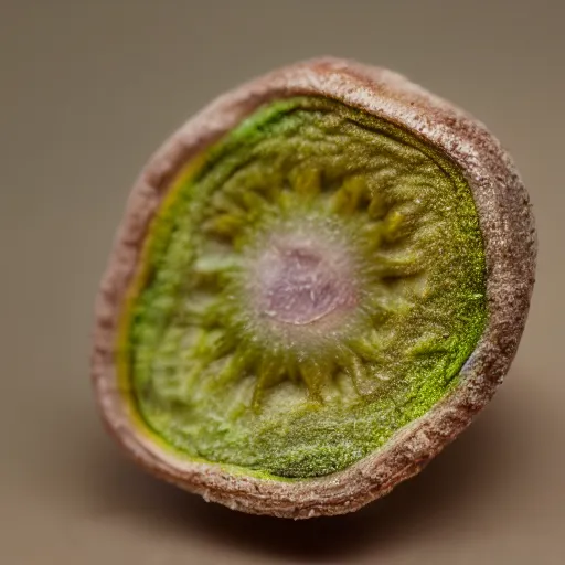 Image similar to psychedelic mushroom made from human skin and teeth on display 50mm shallow dof