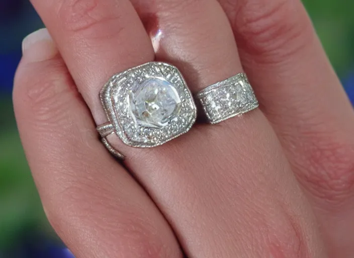 Prompt: a big glimmering dimond ring on a lady hand in the 8 0's. closeup. clouds in the background