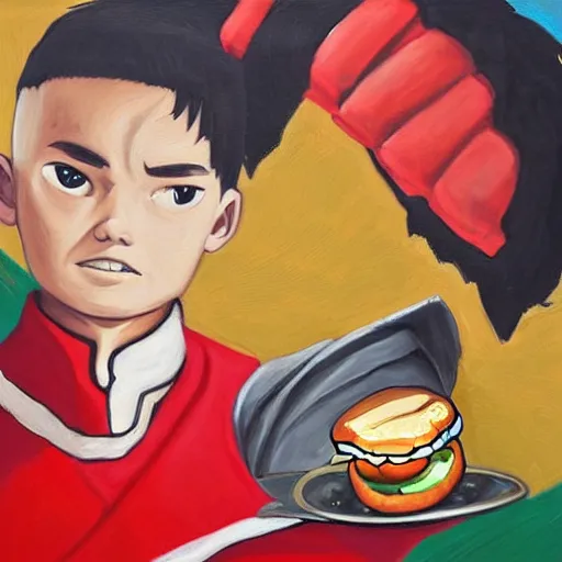 Image similar to a painting portrait of the last airbender in an arsenal jersey holding a hot dog,