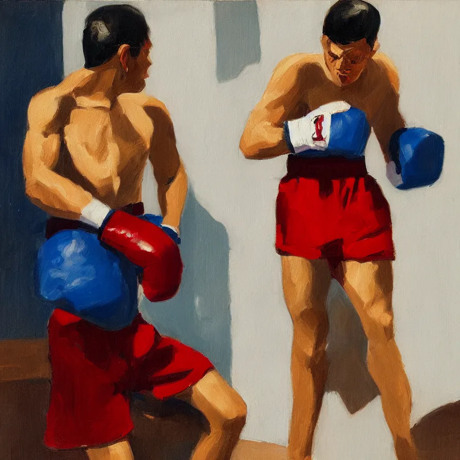 Image similar to a portrait of of boxing man, in the style of edward hopper, in the style of max ginsburg, realism, very small brushstrokes, 4 k,