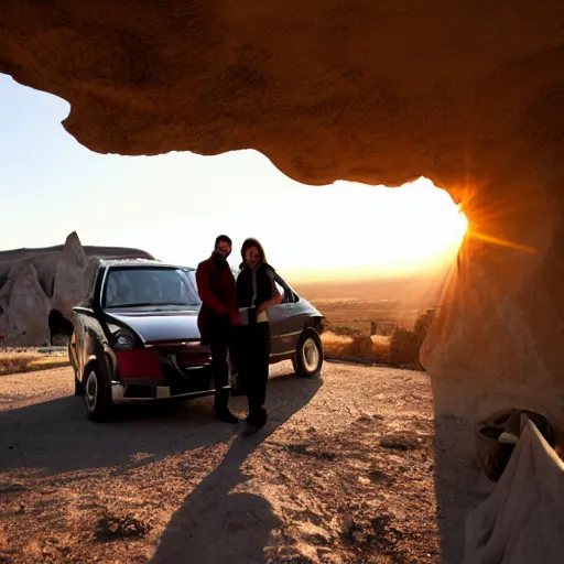 Prompt: a picture of a couple standing beside their car overlooking cappadocia. they have their backs to us and are watching the sunset.