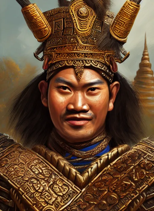 Image similar to smart tai warlord of sukhothai, closeup portrait, without beard and mustache, historical hero, ethnic group, tai costume, thai transitional bronze headdress, intricate, with leather armor cross on bare chest, elegant, loin cloth, highly detailed, oil painting, artstation, concept art, matte, sharp focus, illustration, hearthstone, art by earl norem