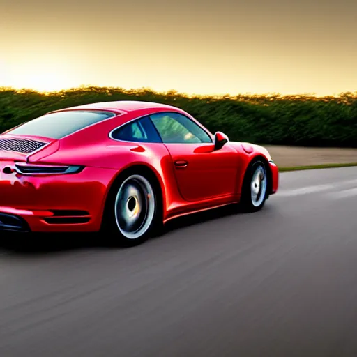 Prompt: a Porsche 911 speeding during sunset