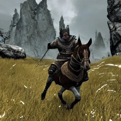 Image similar to screenshot of a player performing the horse tilt glitch in skyrim