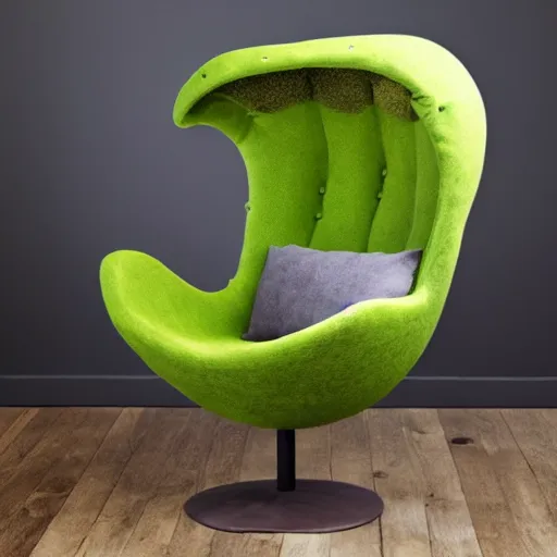 Image similar to an armchair in the shape of an avocado, flying in space