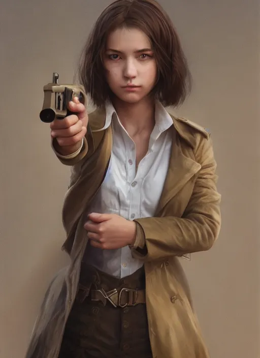 Image similar to upper body portrait of a young girl from final fantasy live action, with short black hair and green eyes in a tan trenchcoat over a white shirt, holding a gun, award winning, masterpiece digital painting by greg rutkowski, alex grey, artstation, 4 k wallpaper,