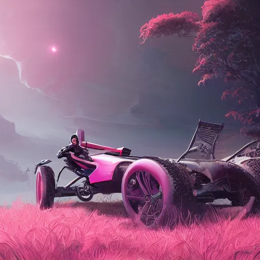 Prompt: concept art by Neil Blevins, James Paick, Natasha Tan Maciej Kuciara, highly detailed, ultra realistic wheelchair user a clearing with pink grass and a river long-range plan cinematic lighting