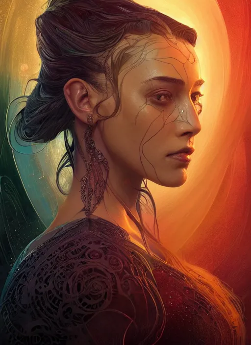 Prompt: altered carbon, Maya Ali as a sorceress, side view, tarot, sweat drops, fibonacci, insane, prismatic, intricate, highly detailed, digital painting, artstation, concept art, smooth, sharp focus, illustration, Unreal Engine 5, 8K, art by artgerm and greg rutkowski and alphonse mucha