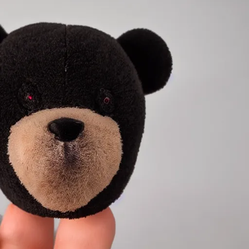 Image similar to black teddy bear with red eyes, face close up, realistic, highly detailed, studio photo, dark lighting
