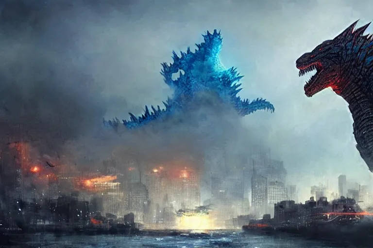 Image similar to godzilla attacking a city, digital art, magic the gathering, mtg, by greg rutkowski, trending on artstation