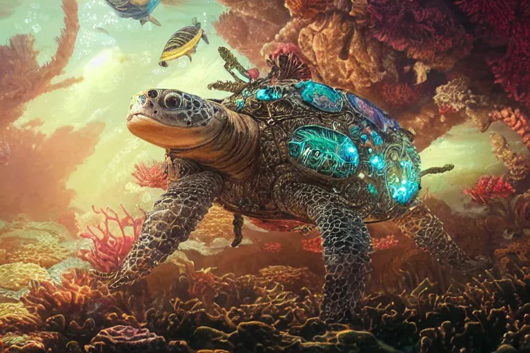 Prompt: beautiful painting of a huge caretta wearing a steampunk armour of in vast ocean coral reef, water bubbles, intricate details, jewel fishes, two magnificent jelly fish, realistic shaded , steampunk, highly detailed, artstation, illustration Greg Rutkowski , octane render, 4k, dynamic light, volumetric light, neon lights, cinematic mood