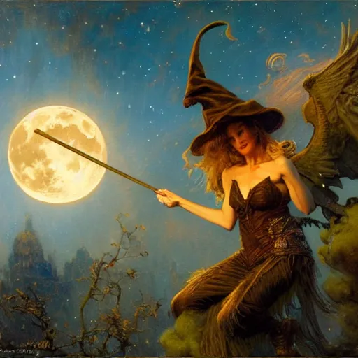 Image similar to witch flying, trough the night, fantasy, full moon in background. highly detailed painting by gaston bussiere, craig mullins, j. c. leyendecker 8 k