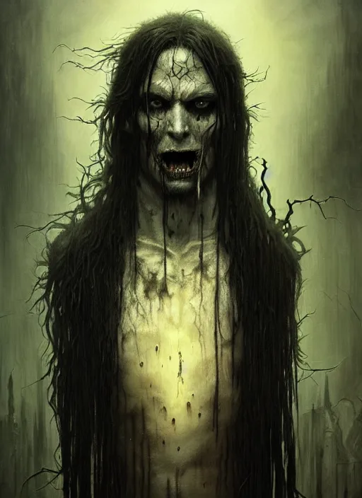 Image similar to portrait of a ancient bloodthirsty vampire man revenant with long tangles of black hair, eerie glowing eyes, gothic fog ambience, hyper realistic head, fantasy art, in the style of greg rutkowski, zdizslaw beksinski, intricate, alphonse mucha, hyper detailed, smooth