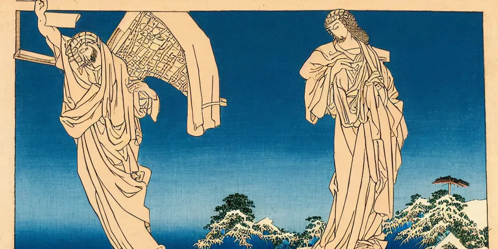 Image similar to i, Cristo Redentor opening arms by Hokusai