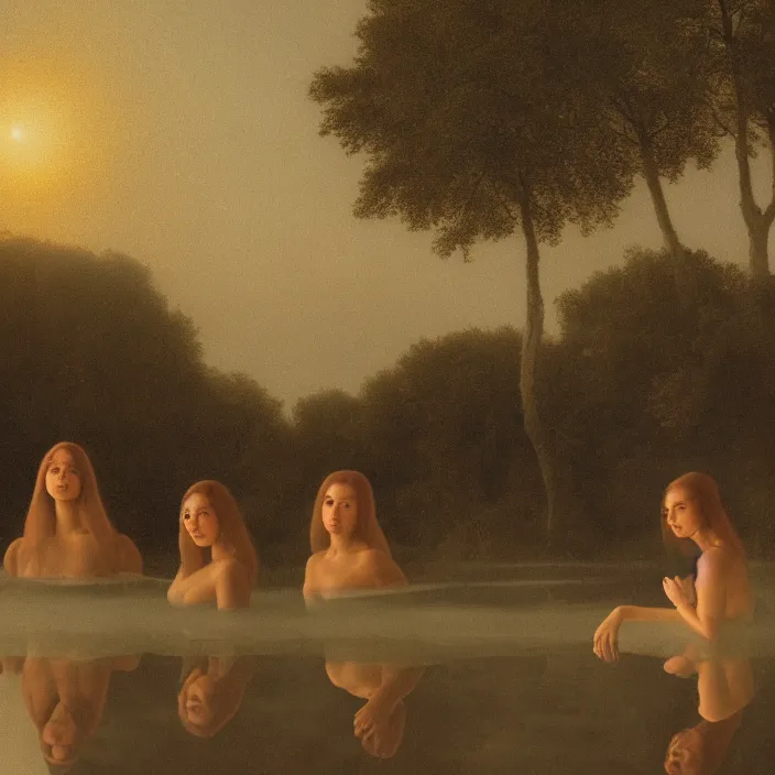 Prompt: a closeup portrait of a three - headed woman, floating in huge levitating luminescent orb, in a foggy pond, golden hour, by jan van eyck, canon eos c 3 0 0, ƒ 1. 8, 3 5 mm, 8 k, medium - format print