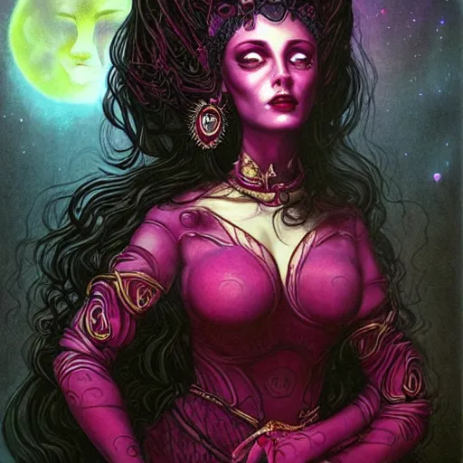 Prompt: portrait of princess of the dreamlands and moon beast, beautiful! coherent! by brom, deep colors, red maroon purple pink black, strong lines, rule of thirds, head centered